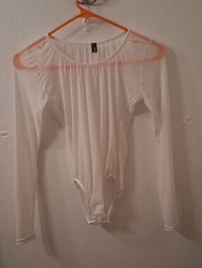 Women's White Long-Sleeve Sheer Bodysuit
